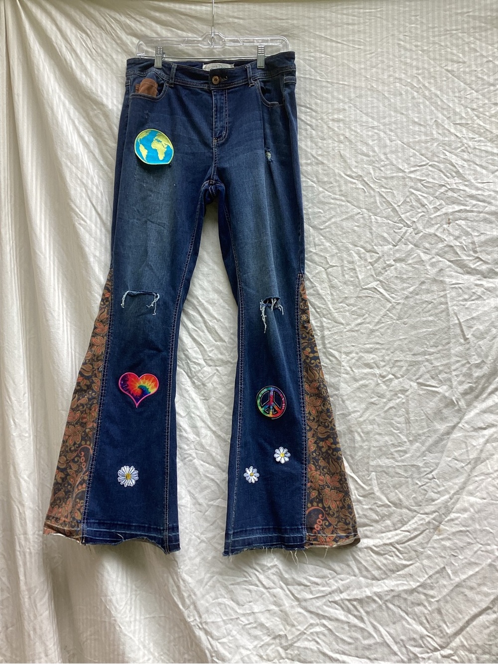Est. 1946 Dark Blue Flared Patchwork Jeans with Embroidered Patches, size 12 - Picture 1 of 7